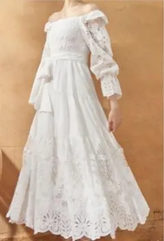 Estella.K レース切替 ストライプ ティアードロングワンピース パフ袖