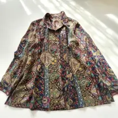 とろみ長袖シャツブラウス　ペイズリー　花柄　日本製　ジョーゼット　レトロ