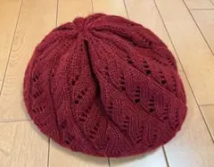 美品 ゆったり ニット ベレー帽 赤 ワインレッド ストレッチ 大きめ