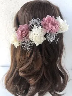 UP ピンク　髪飾り　プリザーブドフラワー　前撮り　卒業式　振袖　袴　白　ドレス