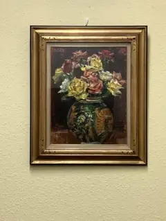 最終値下げ　内田　晃　作品　油絵　バラの花束 油彩画 金色フレーム 内田 晃 作品 油絵 バラ 薔薇 花瓶 - メルカリ