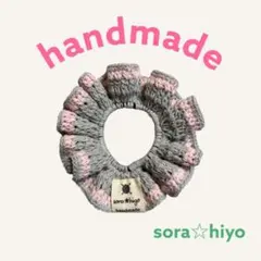 ハンドメイド‪☆コットンフリルシュシュ(グレー・ピンク)