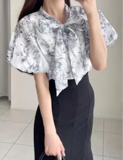 花柄シアーボウタイバルーンスリーブブラウス ［gn100］