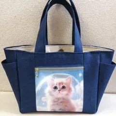 ふわふわこねこさん　ハンドメイド　　サイドポケットトートバッグのサムネイル