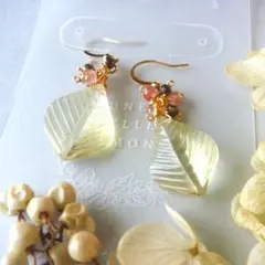 専用＊14kgf/天然石レモンクォーツリーフカービングのクリスマスピアス他１点