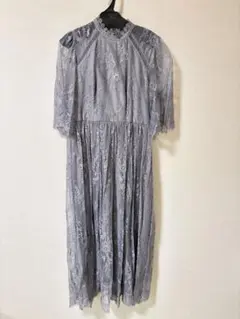 ハイネック5分袖総レース ブルーグレー ミモレ丈 結婚式 オケージョン