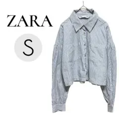 ザラ ショート丈長袖シャツ ( S サイズ ) クロップドストライプ 水色と白