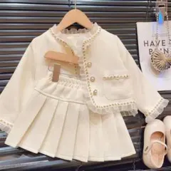 キッズ入学式スーツ2点セット小学校120卒園式フリル白ツイード女の子ホワイト薄手