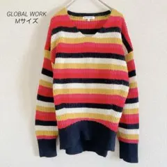 GLOBAL WORK VネックマルチボーダーモヘアニットM裾袖襟リブ