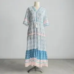 〔ワンピース〕 半袖 水色　ブルー ピンク 羽織り マキシ　総柄　カラフル
