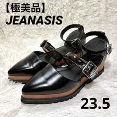 JEANASISダブルストラップ ウッド調ウェッジソール サンダル ブラック Mのサムネイル