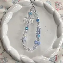 No.62ビーズストラップスマホストラップブル水色リボンハートy2k