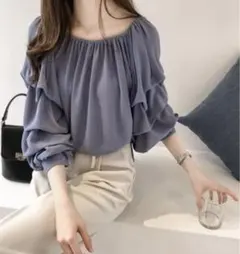 ブラウス レディーストップス フリル袖 ブルー きれい フェミニン 韓国 可愛い