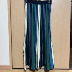 フレアスカート 青緑ストライプ ニット素材