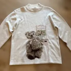 sleigh テディベア柄 ニット 長袖 アイボリーベージュ 古着