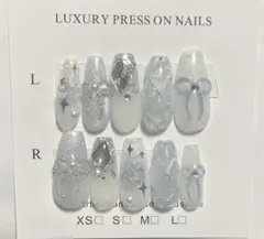 ネイルチップ ハンドメイド オーダー 水色 リボン 韓国ネイル