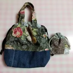 ハンドメイド デニム×花柄 巾着トートバッグとミニ巾着2点セット