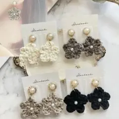 毛糸 お花 イヤリング ピアス パール アクセサリー 編み物 コットン レトロ