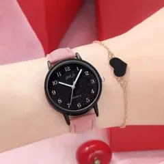 【ブレスレット付】レディース腕時計　ピンク×黒　キラキラ文字盤　おしゃれ