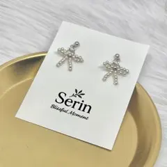 【シルバー】リボンのビーズピアス