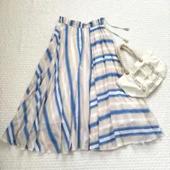 極美品✨ヌキテパ　ストライプフレアスカート　ブルー　コットンボイル　ロング　裏地 極美品✨ヌキテパ ストライプフレアスカート コットンボイル ピンク系