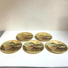 a32 레트로 台湾製 竹製 飾り皿 5枚セット 山水画 バンブープレート 絵皿