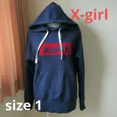 エックスガールX-girlフード付きロゴパーカーラグラン袖ネイビーUSED