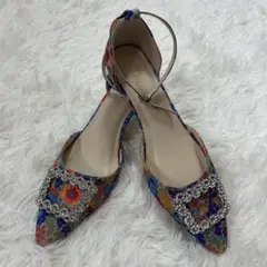 【美品】Techichi テチチ 花柄×ビジュパンプス　サンダル　シルバー金具
