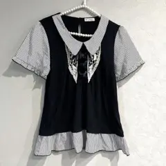 axes femme フロント編み上げ半袖ブラウス　フリルレイヤード風　ネイビーのサムネイル