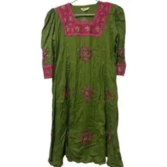 長袖ワンピース 緑色 刺繍 おしゃれ服 グリーン ワンピース レトロ 長袖