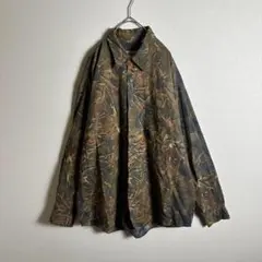長袖シャツ　総柄　アート柄　マルチカラー　ダークカラー　一点物　お洒落　カーキL