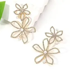 ゴールド ピアス ダブルフラワー ラインストーン パール 披露宴 結婚式 発表会