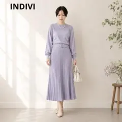 INDIVI インディヴィ ベルト付ニットワンピース プリーツ ライトパープルのサムネイル