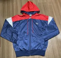 (ヴィンテージ)プーマPUMA フード付ジャージ(上のみ)ネイビー/レッドM相当