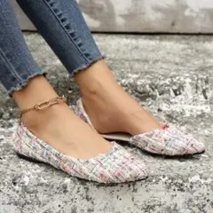 マルチカラー ツイード フラットシューズ 靴 パンプス 24.5