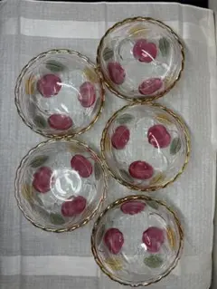 ガラス　フルーツ　デザート皿　5枚セット　さくらんぼ模様￼