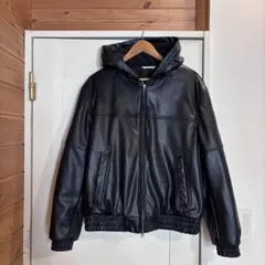 ZARA フェイクレザーフーテッドジャケット L ブラック レザーパーカー