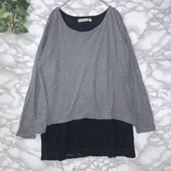 GLOBAL WORK グレー ブラック レース Tシャツ M 刺繍 裏地あり