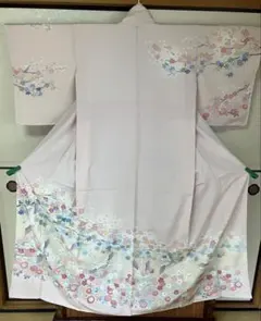 H 夏物 美品 扇面に花 銀彩 菊 萩 桔梗 訪問着 正絹 薄物 絽 紗 着物