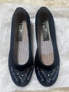 黒 フラット 刺繍 チャイナシューズ ~24.5cm