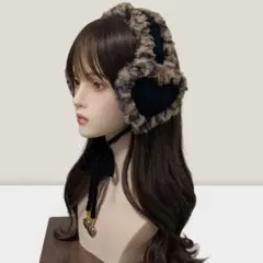 ハンドメイド イヤーマフ 耳あて ハートデザイン ブラック ヒョウ柄 編み物