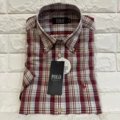 【POLO】半袖チェックシャツ M 綿麻 ボタンダウン オーガニックコットン 赤のサムネイル