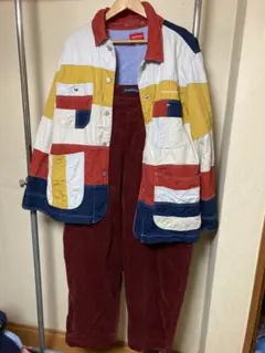 ドラッグストアーズパッチワークジャケットとコーディロイストレッチサロペットコーデ