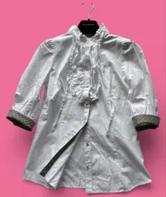 バーバリーブルーレーベル　ノバチェックフリル　ブラウス　ロゴ刺繍　コットン　38