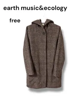 earth music&ecologyフード付コートチェックブラウン系 ポケット