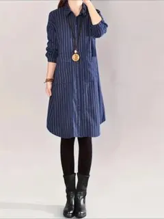 ロング チュニック長袖  ゆったり  おしゃれ リネンシャツワンピース  XL