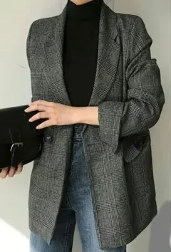 チェック柄ブレザージャケット グレー