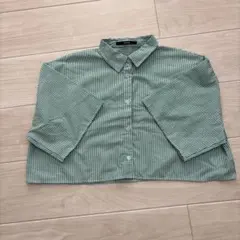 緑のストライプ クロップドシャツ 半袖 Lサイズ