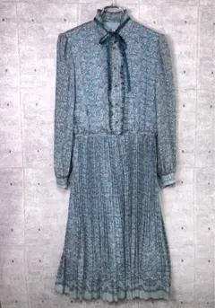 昭和レトロ 古着 首元リボン 花柄 長袖 アコーディオンプリーツワンピース