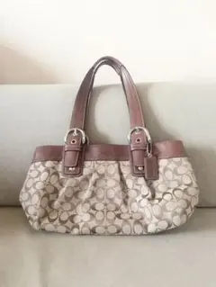 COACH コーチ シグネチャー柄トートバッグ ベージュ×マホガニーブラウン